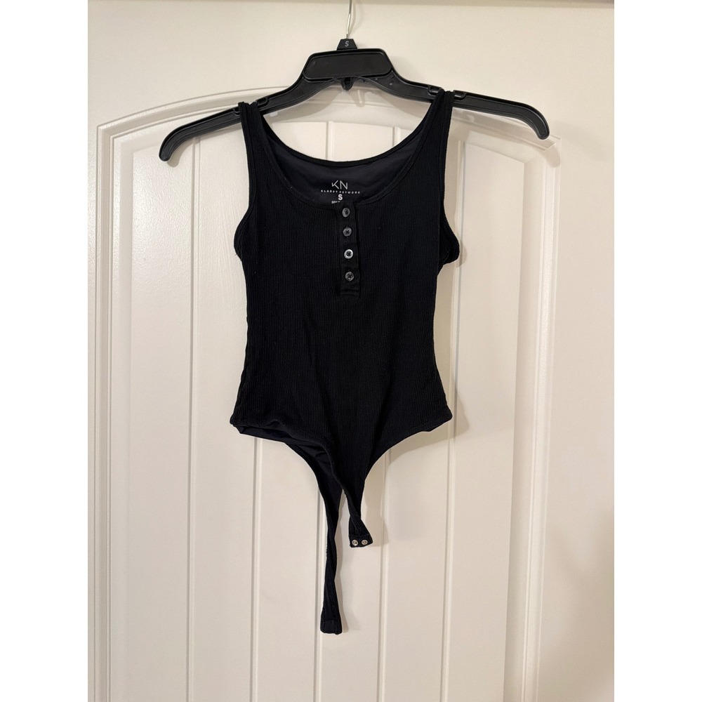 Klassy Network Black Ribbed Henley Sleeveless Bodysuit Small KN Thong Snap Base